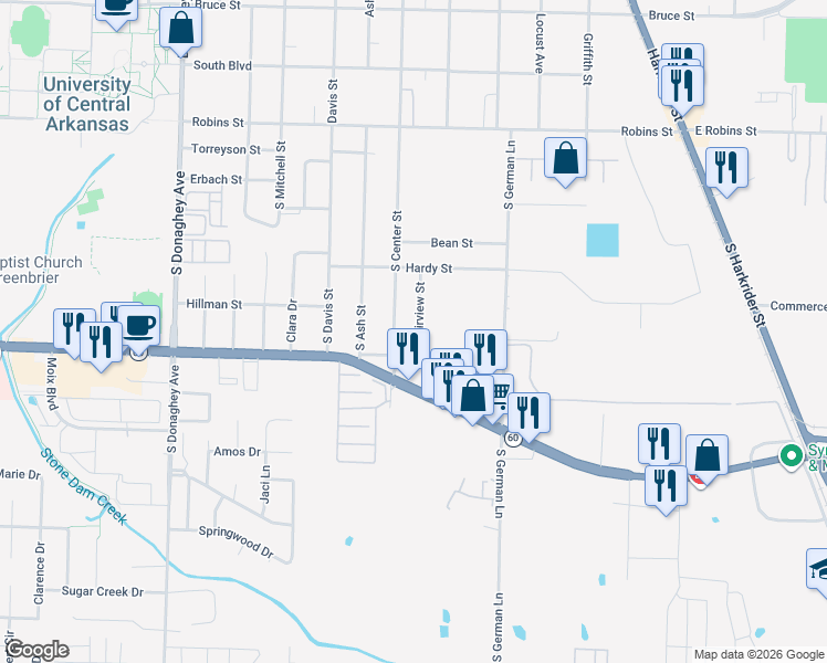 map of restaurants, bars, coffee shops, grocery stores, and more near 714 Fairview Street in Conway