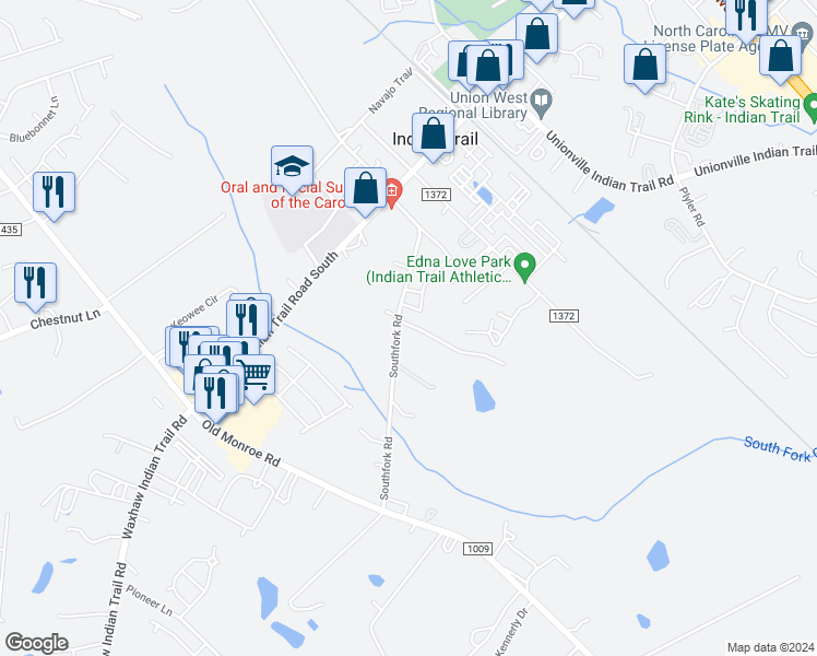 map of restaurants, bars, coffee shops, grocery stores, and more near 500 Southfork Road in Indian Trail