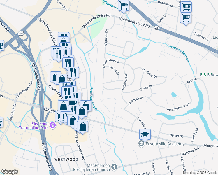 map of restaurants, bars, coffee shops, grocery stores, and more near 3422 Sugar Cane Circle in Fayetteville