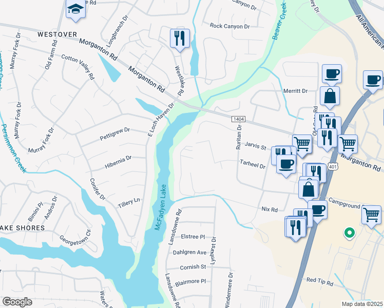 map of restaurants, bars, coffee shops, grocery stores, and more near 5556 Tarheel Drive in Fayetteville