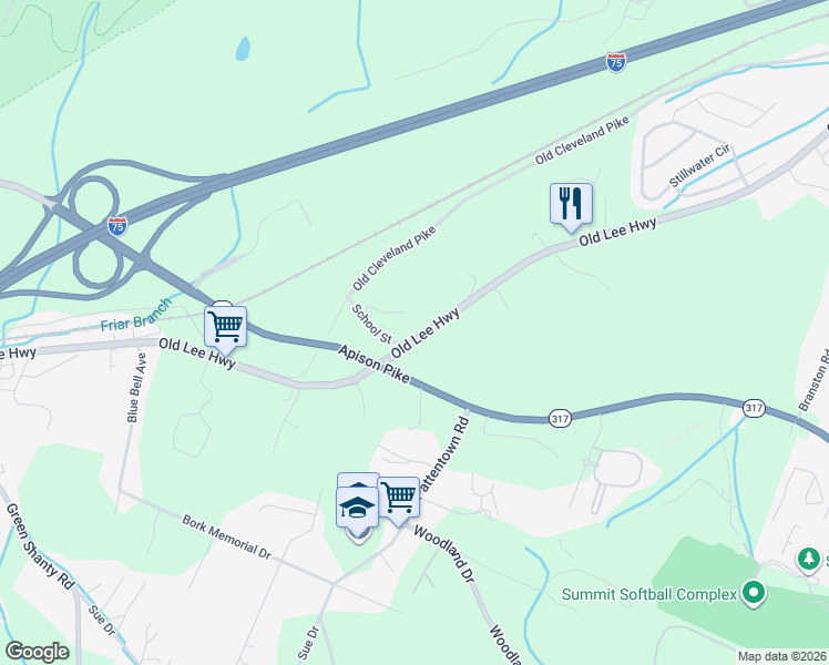 map of restaurants, bars, coffee shops, grocery stores, and more near 8239 Adriana Lane in Ooltewah