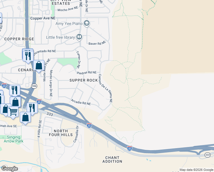 map of restaurants, bars, coffee shops, grocery stores, and more near 418 Cam De La Sierra Northeast in Albuquerque