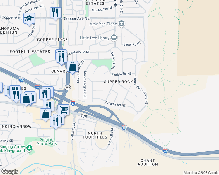 map of restaurants, bars, coffee shops, grocery stores, and more near 14125 Skyline Road Northeast in Albuquerque