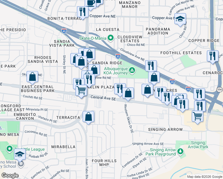 map of restaurants, bars, coffee shops, grocery stores, and more near 236 Glenridge Park Lane Northeast in Albuquerque