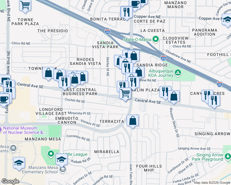 map of restaurants, bars, coffee shops, grocery stores, and more near 11601 Linn Avenue Northeast in Albuquerque