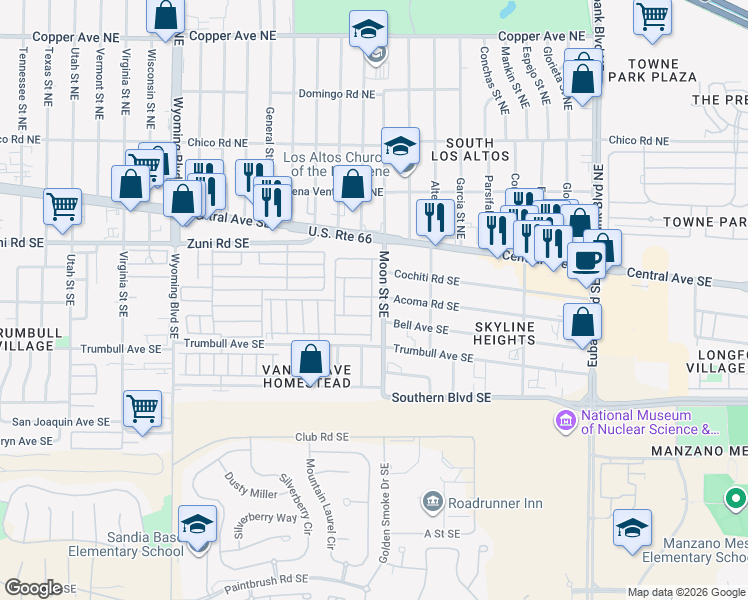 map of restaurants, bars, coffee shops, grocery stores, and more near 200 James Moore Street Southeast in Albuquerque