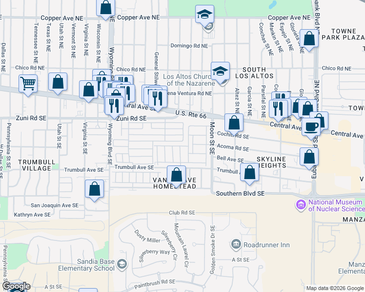 map of restaurants, bars, coffee shops, grocery stores, and more near 9401 Juan Valdez Street Southeast in Albuquerque