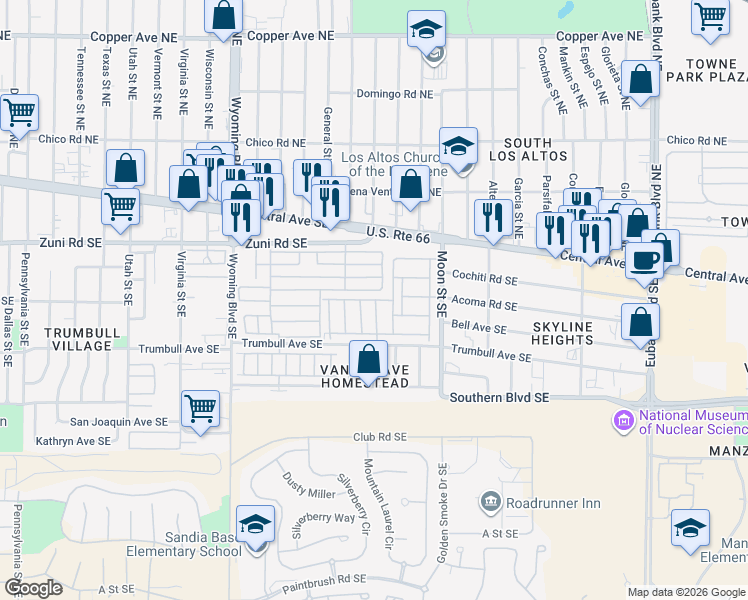map of restaurants, bars, coffee shops, grocery stores, and more near 9123 Mickelsen Avenue Southeast in Albuquerque