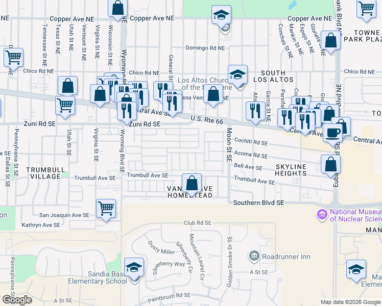 map of restaurants, bars, coffee shops, grocery stores, and more near 9123 Mickelsen Avenue Southeast in Albuquerque