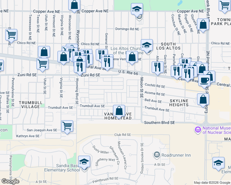 map of restaurants, bars, coffee shops, grocery stores, and more near 9123 Mickelsen Avenue Southeast in Albuquerque