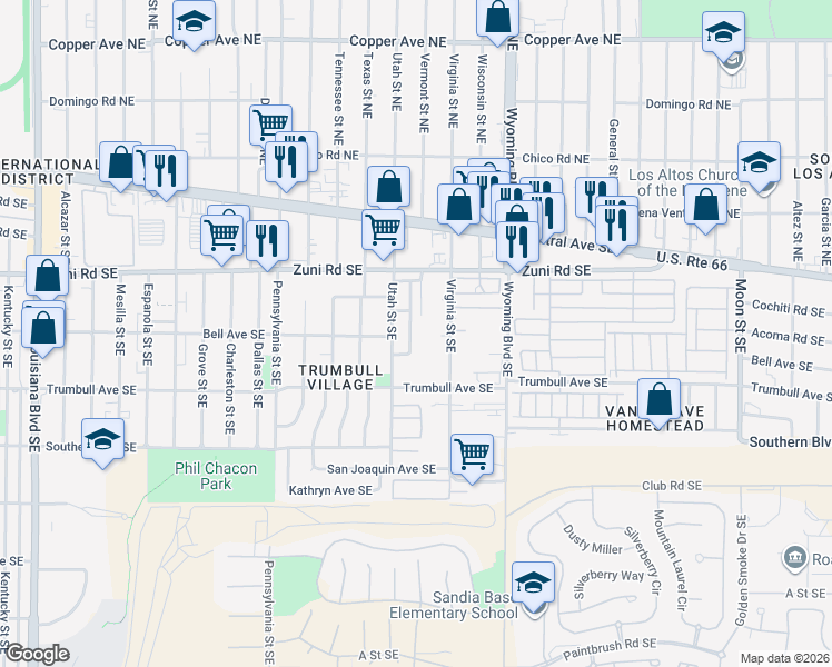 map of restaurants, bars, coffee shops, grocery stores, and more near 308 Shawnee Court South East in Albuquerque