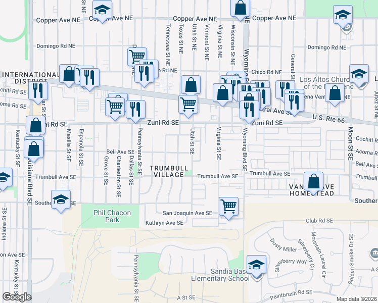 map of restaurants, bars, coffee shops, grocery stores, and more near 308 Texas Street Southeast in Albuquerque