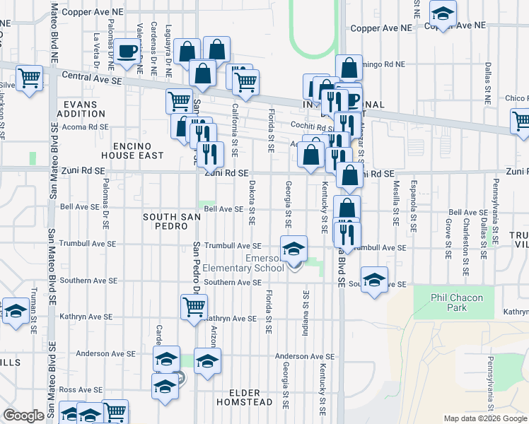 map of restaurants, bars, coffee shops, grocery stores, and more near 6600 Zuni Road Southeast in Albuquerque