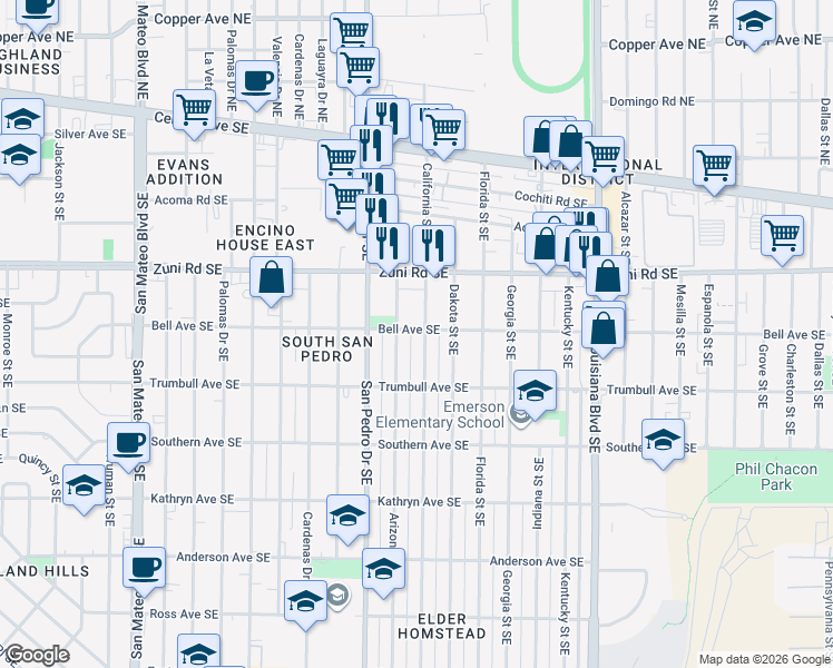 map of restaurants, bars, coffee shops, grocery stores, and more near 432 California Street Southeast in Albuquerque