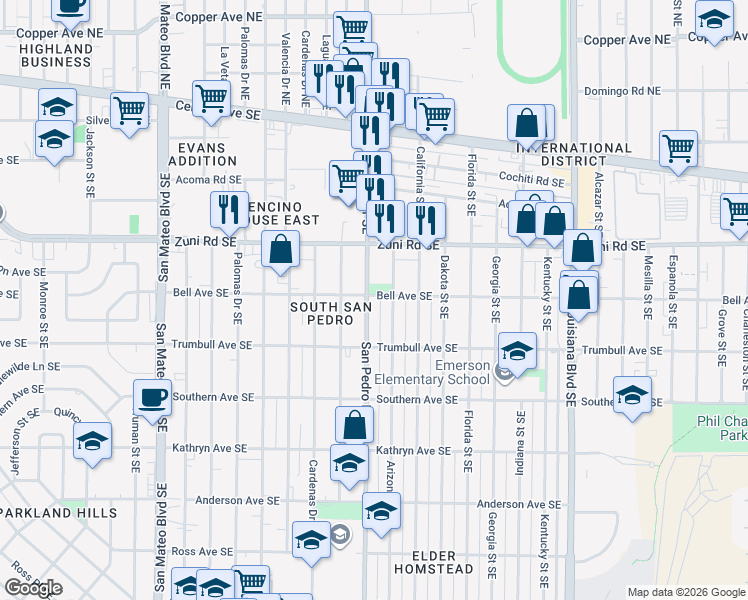 map of restaurants, bars, coffee shops, grocery stores, and more near in Albuquerque