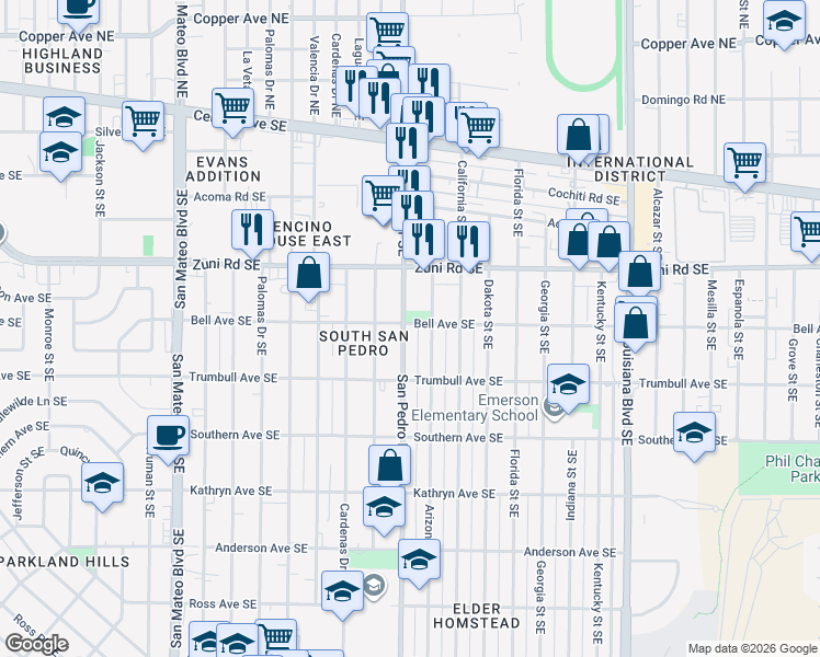 map of restaurants, bars, coffee shops, grocery stores, and more near in Albuquerque