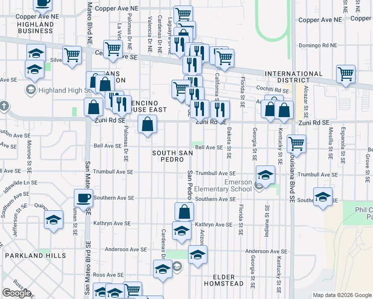 map of restaurants, bars, coffee shops, grocery stores, and more near 517 San Pedro Drive Southeast in Albuquerque