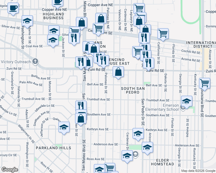 map of restaurants, bars, coffee shops, grocery stores, and more near 536 Palomas Drive Southeast in Albuquerque