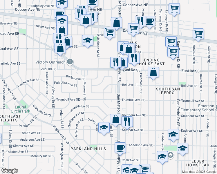 map of restaurants, bars, coffee shops, grocery stores, and more near 4938 Palo Alto Avenue Southeast in Albuquerque