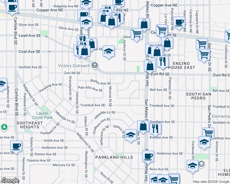 map of restaurants, bars, coffee shops, grocery stores, and more near 602 Quincy Street Southeast in Albuquerque