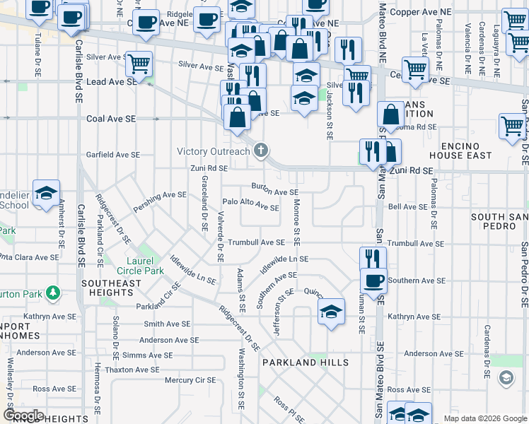 map of restaurants, bars, coffee shops, grocery stores, and more near 4704 Burton Avenue Southeast in Albuquerque