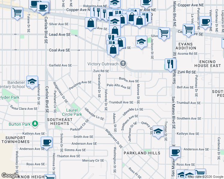 map of restaurants, bars, coffee shops, grocery stores, and more near 614 Adams Street Southeast in Albuquerque