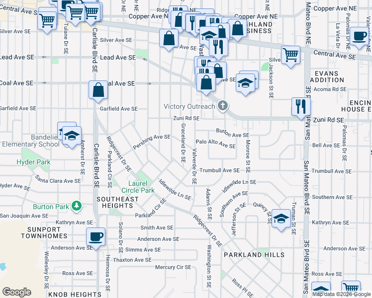 map of restaurants, bars, coffee shops, grocery stores, and more near 617 Valverde Drive Southeast in Albuquerque