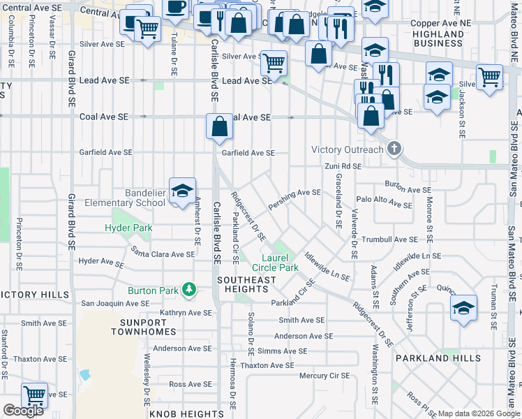 map of restaurants, bars, coffee shops, grocery stores, and more near 607 Solano Drive Southeast in Albuquerque