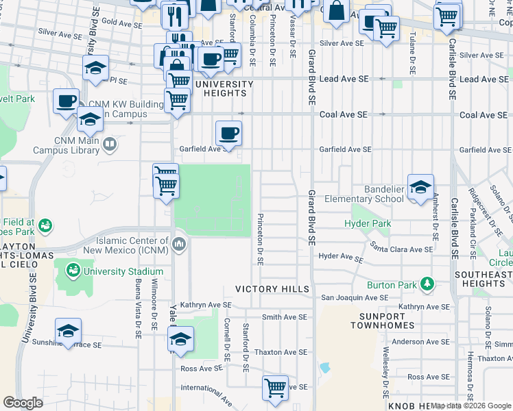 map of restaurants, bars, coffee shops, grocery stores, and more near 709 Princeton Drive Southeast in Albuquerque