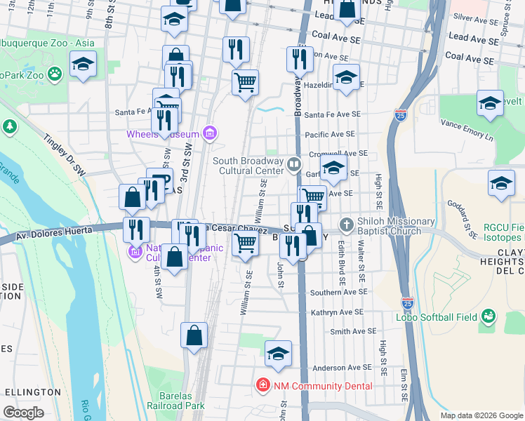 map of restaurants, bars, coffee shops, grocery stores, and more near 108 Lewis Avenue Southeast in Albuquerque