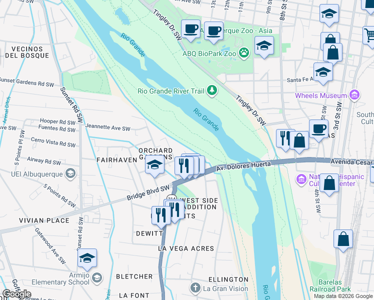map of restaurants, bars, coffee shops, grocery stores, and more near 206 Orchard Garden Road in Albuquerque
