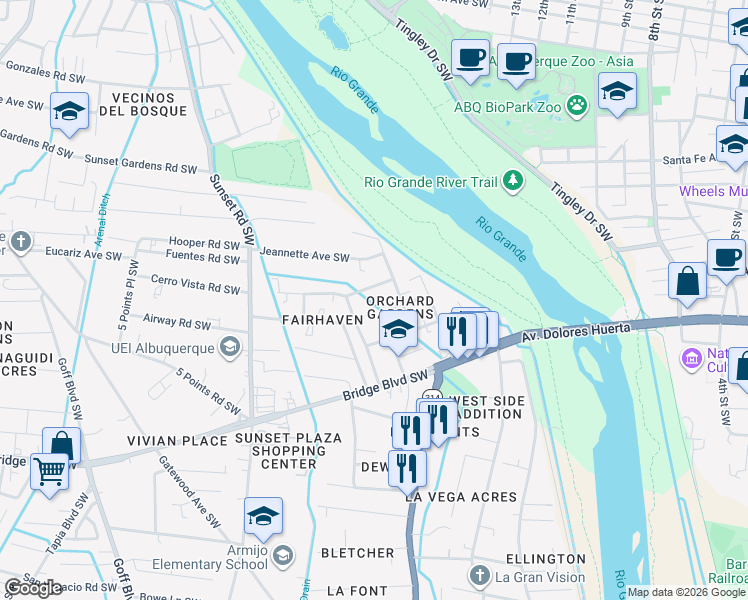 map of restaurants, bars, coffee shops, grocery stores, and more near 1019 Cerro Vista Road Southwest in Albuquerque