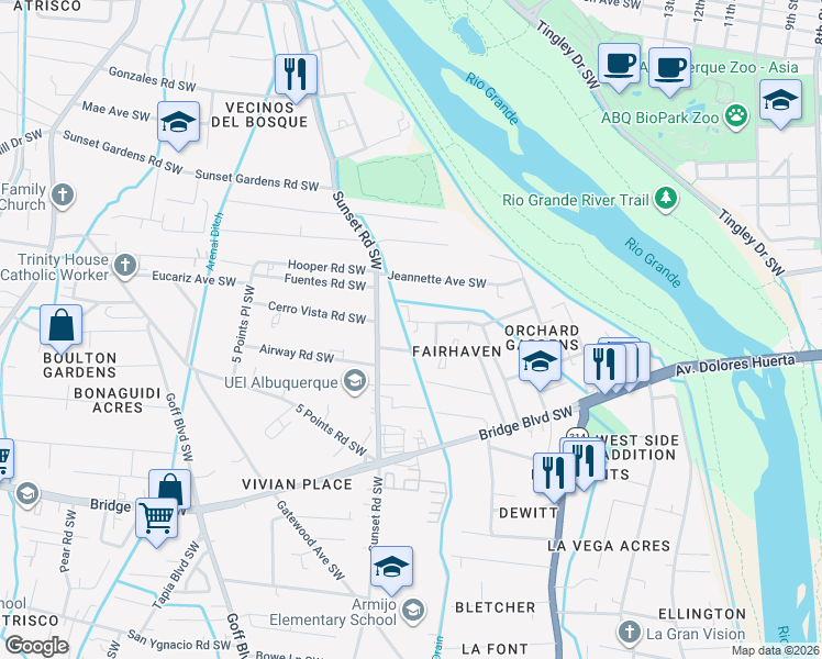 map of restaurants, bars, coffee shops, grocery stores, and more near 658 Sunset Road Southwest in Albuquerque