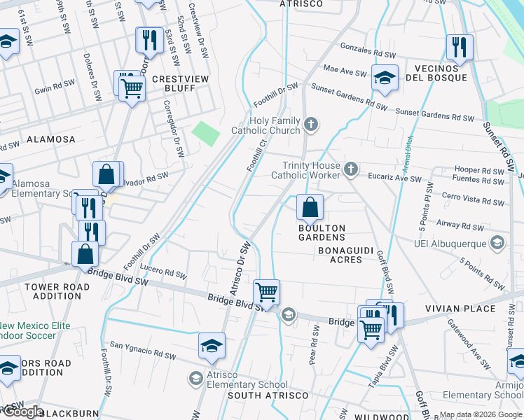 map of restaurants, bars, coffee shops, grocery stores, and more near 669 Atrisco Drive Southwest in Albuquerque