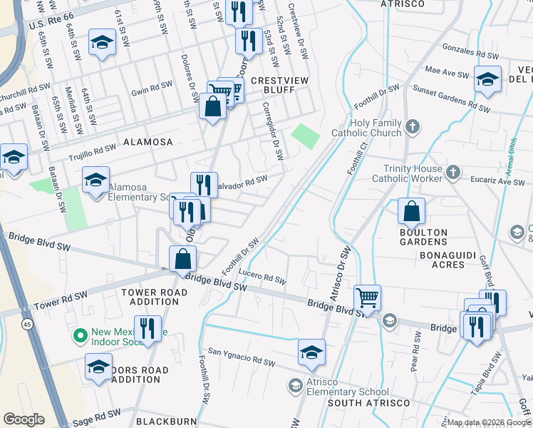 map of restaurants, bars, coffee shops, grocery stores, and more near 727 Foothill Drive Southwest in Albuquerque
