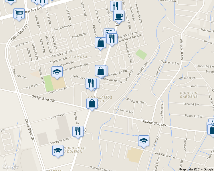 map of restaurants, bars, coffee shops, grocery stores, and more near 5613 Gallegos Road Southwest in Albuquerque