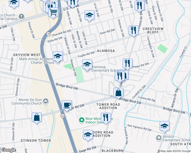 map of restaurants, bars, coffee shops, grocery stores, and more near 1133 Carlos Rey Drive Southwest in Albuquerque