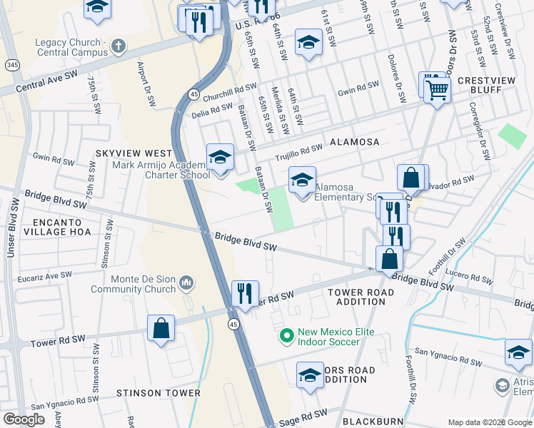 map of restaurants, bars, coffee shops, grocery stores, and more near 6715 Ivy Place Southwest in Albuquerque
