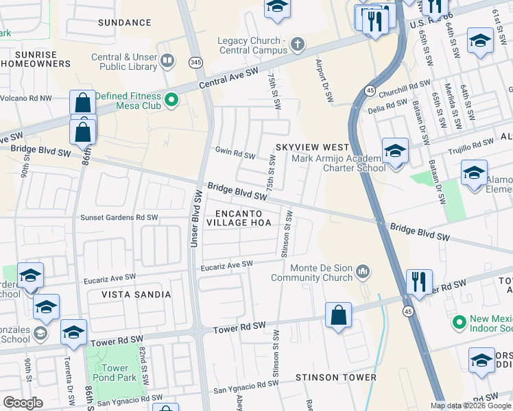 map of restaurants, bars, coffee shops, grocery stores, and more near 7500 Aster Road Southwest in Albuquerque