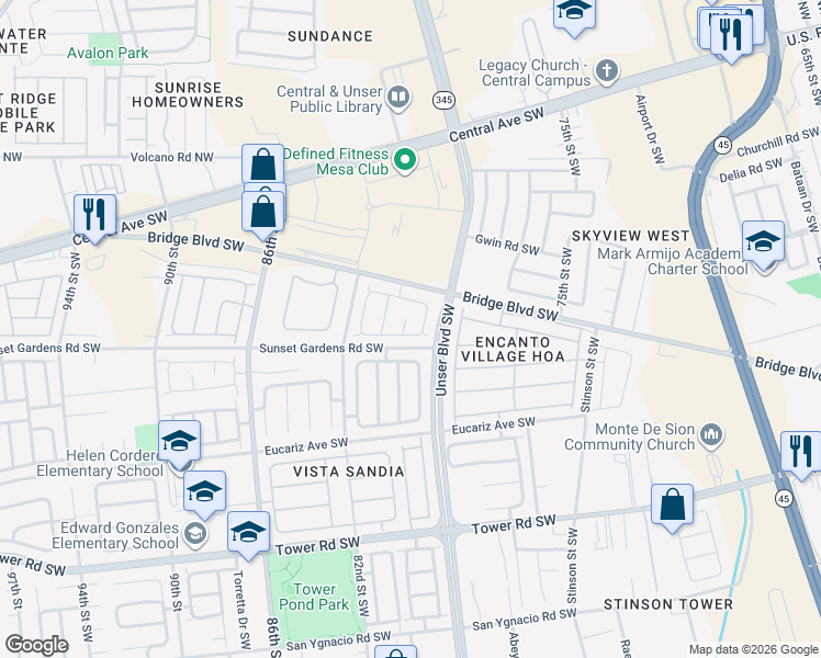 map of restaurants, bars, coffee shops, grocery stores, and more near 8012 Scottish Broom Road Southwest in Albuquerque