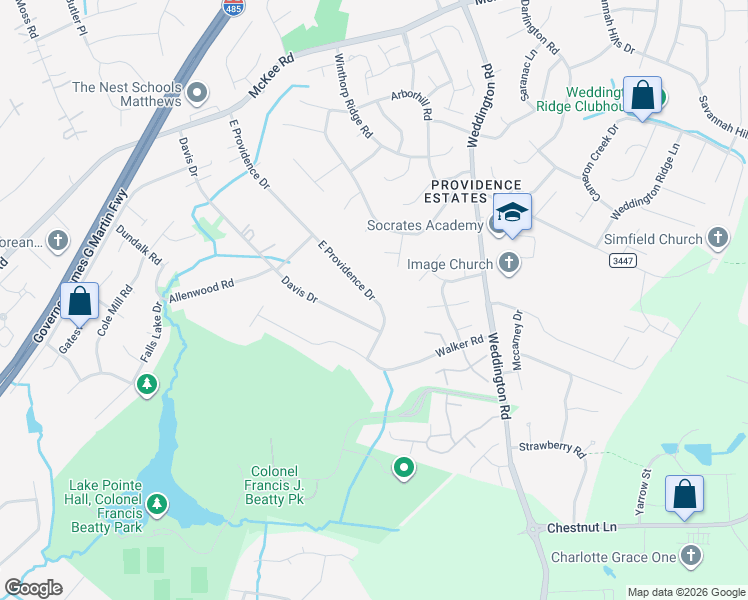 map of restaurants, bars, coffee shops, grocery stores, and more near 2417 East Providence Drive in Charlotte