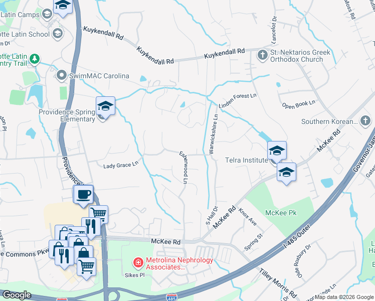 map of restaurants, bars, coffee shops, grocery stores, and more near 10008 Carlesbrooke Trail in Charlotte
