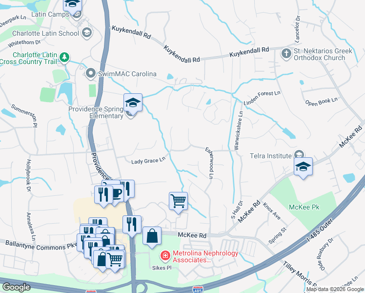map of restaurants, bars, coffee shops, grocery stores, and more near 10526 Lady Grace Lane in Charlotte