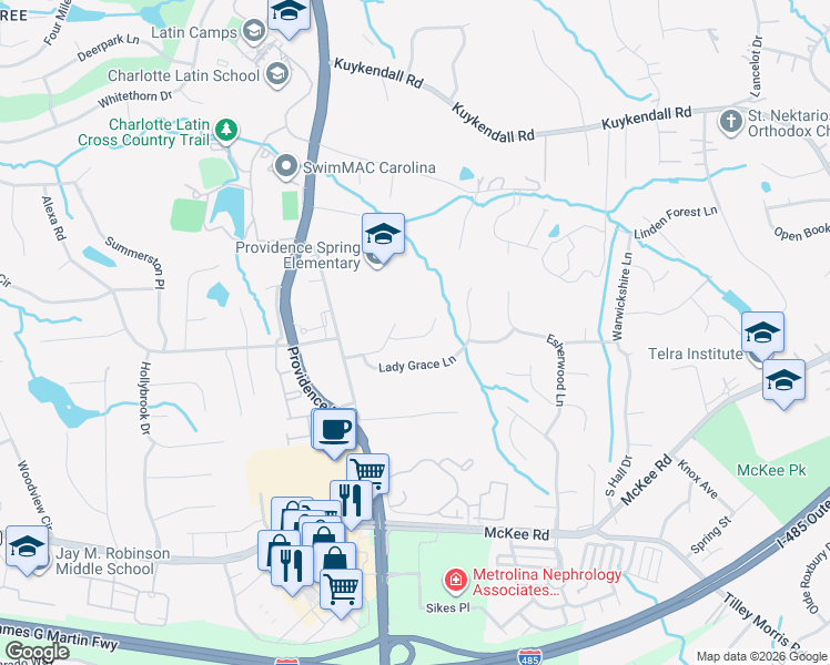 map of restaurants, bars, coffee shops, grocery stores, and more near 4903 Sarah Hall Lane in Charlotte