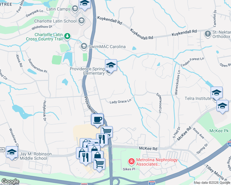 map of restaurants, bars, coffee shops, grocery stores, and more near 4903 Sarah Hall Lane in Charlotte