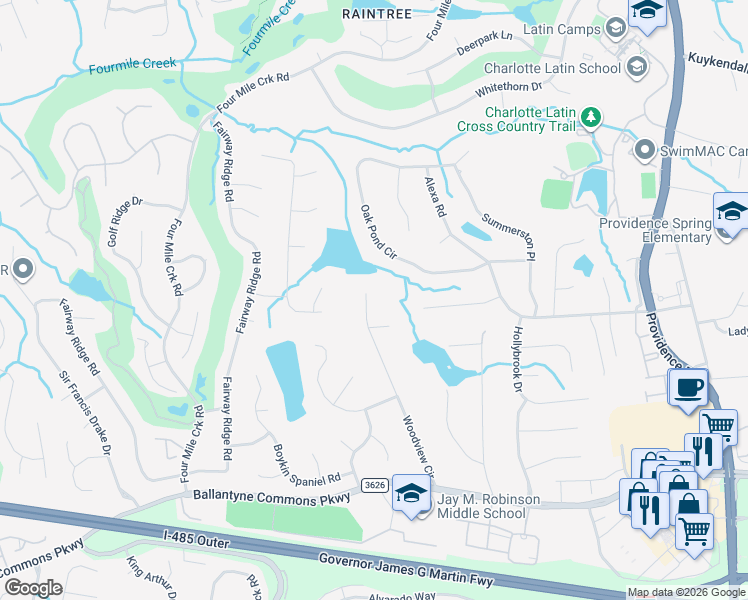 map of restaurants, bars, coffee shops, grocery stores, and more near 10001 Woodview Circle in Charlotte