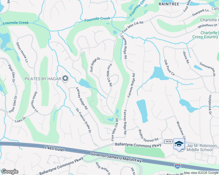map of restaurants, bars, coffee shops, grocery stores, and more near 10624 4 Mile Creek Road in Charlotte