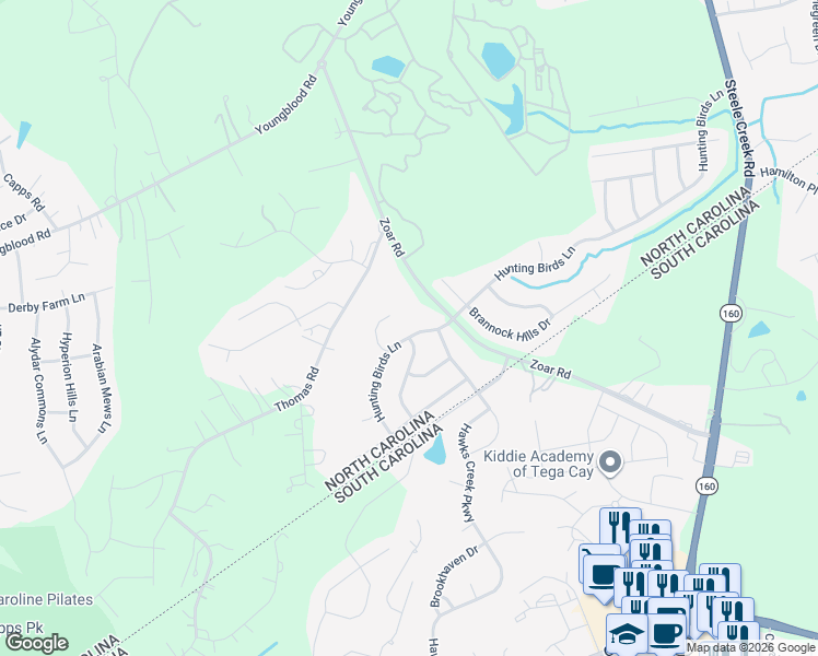 map of restaurants, bars, coffee shops, grocery stores, and more near 14845 Dungannon Court in Charlotte