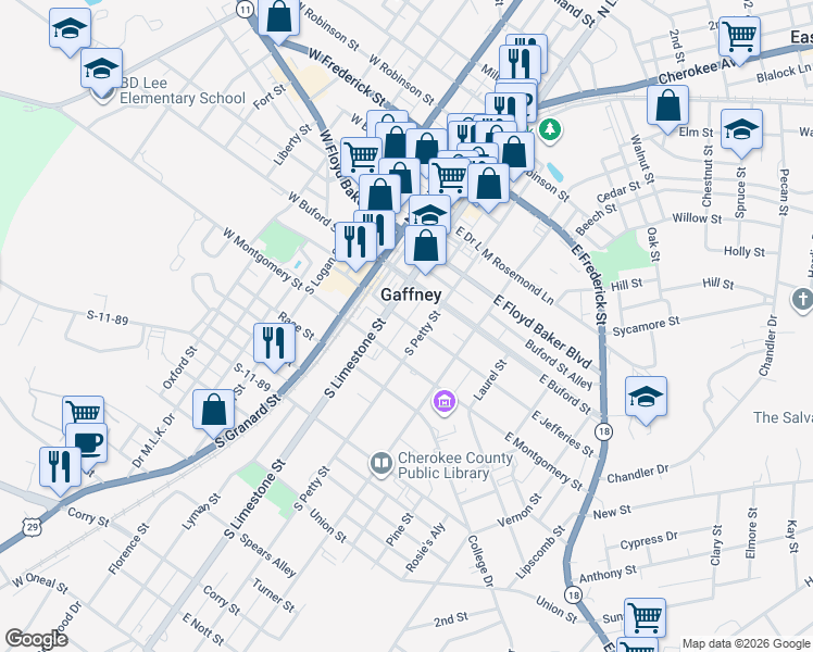 map of restaurants, bars, coffee shops, grocery stores, and more near in Gaffney
