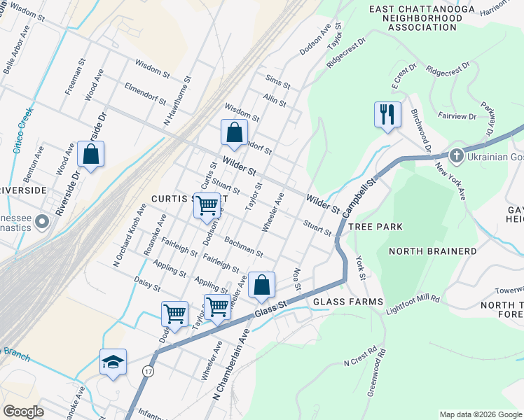 map of restaurants, bars, coffee shops, grocery stores, and more near 2309 Stuart Street in Chattanooga